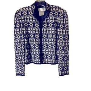 SAKS Fifth Avenue Black White Crop Short Beaded Jacket Petite Small 100% Silk​​​